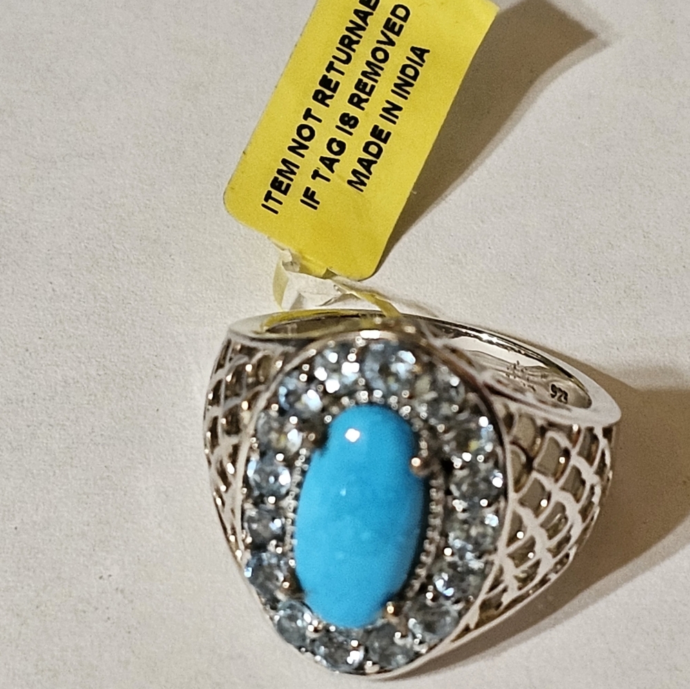 Sleeping Beauty Turquoise & Electric Blue Topaz Ring Platinum over 925 Size 10 - Picture 9 of 11